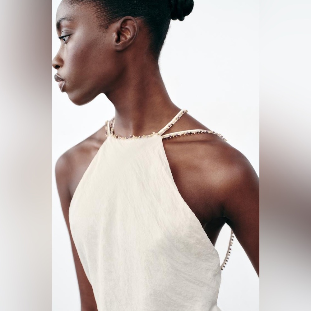 Elegant Cream white Halter Dress. WOW. WRINKLE-LOOK BEADED MIDI DRESS